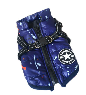 Blue dog coat with a star logo on a white background