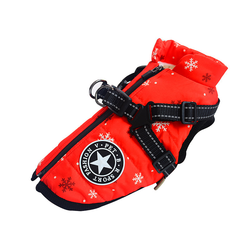 Red pet life jacket with snowflake patterns and a visible brand logo on a white background