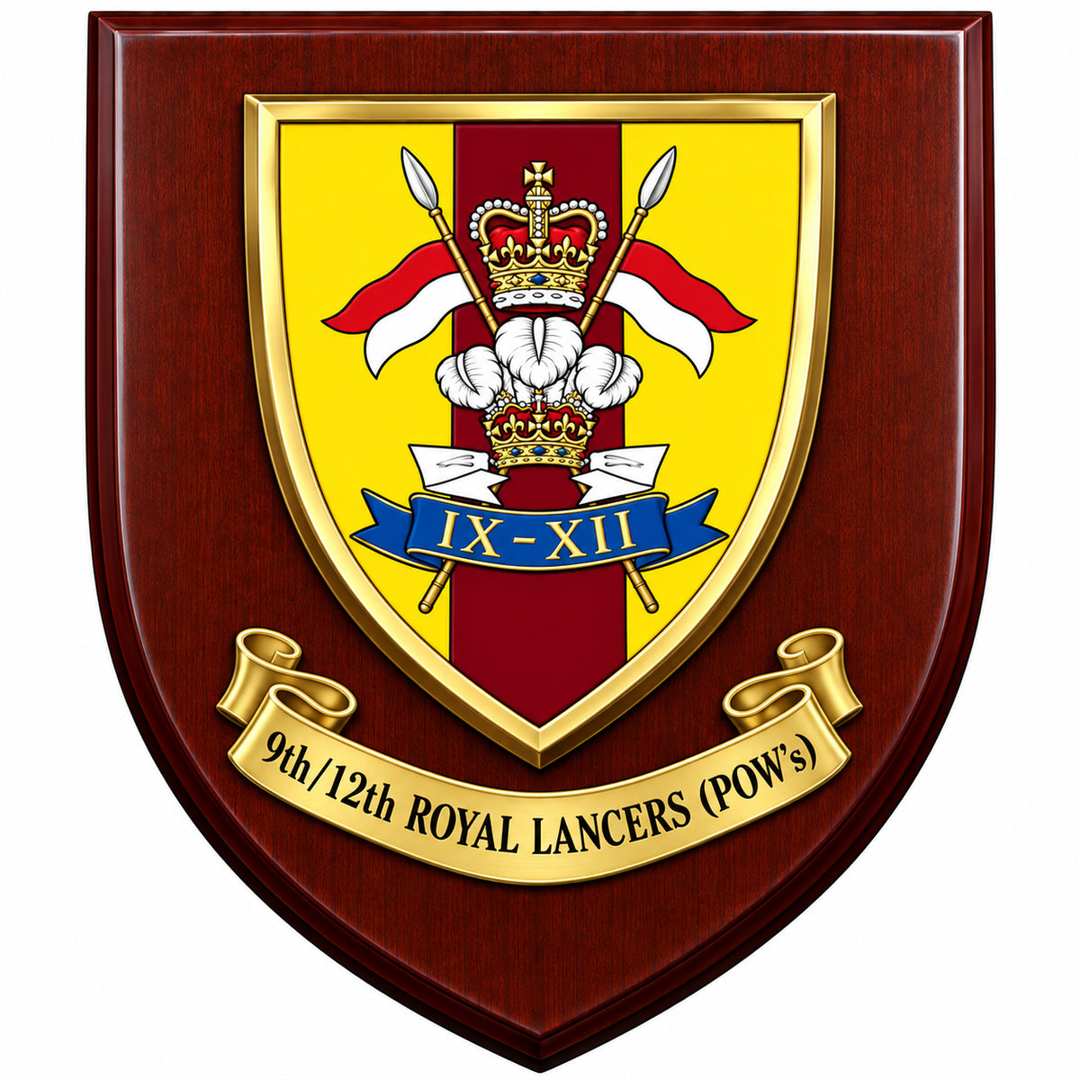 A shield-shaped wooden plaque with a polished dark reddish-brown wood finish, featuring a gold-bordered crest with a yellow, red, white, and blue design, and a gold scroll reading '9th/12th Royal Lancers (POWs)'.