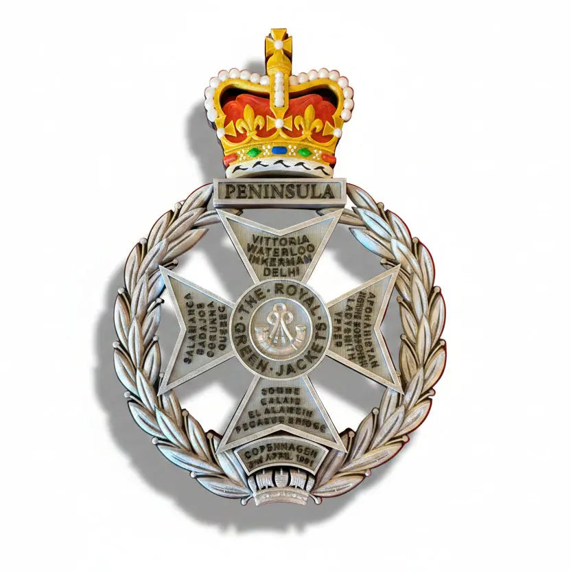 Royal Green Jackets Silver Black Coloured Crown Cap Badge | Officially Licensed