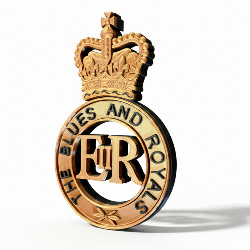 Decorative emblem with a crown and 'The Blues and Royals' text on a white background