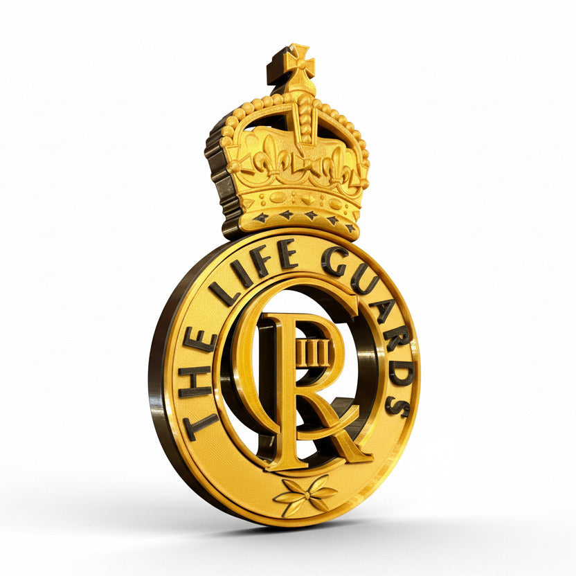 Gold emblem with 'The Life Guards' text and crown on a white background