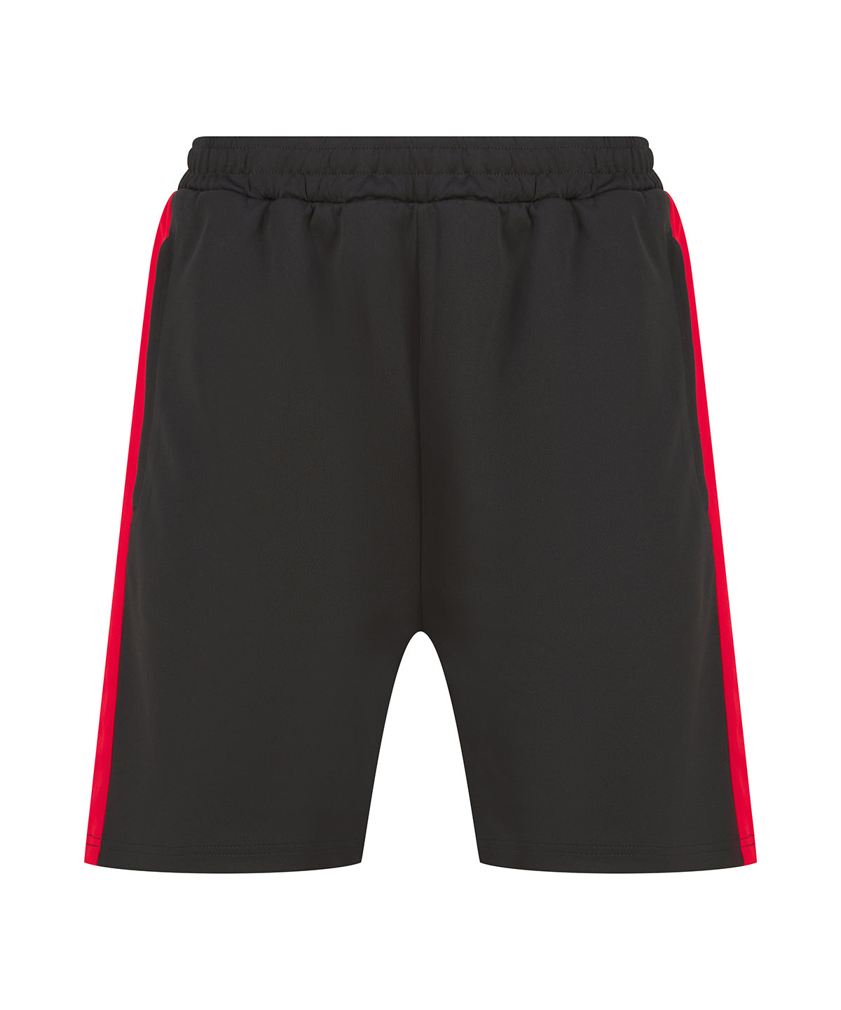 Black shorts with red side panels on a white background