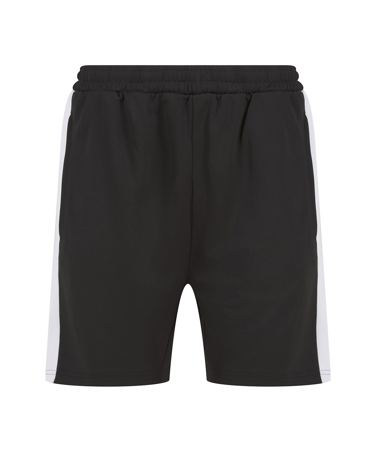Black shorts with white side stripes on a white background