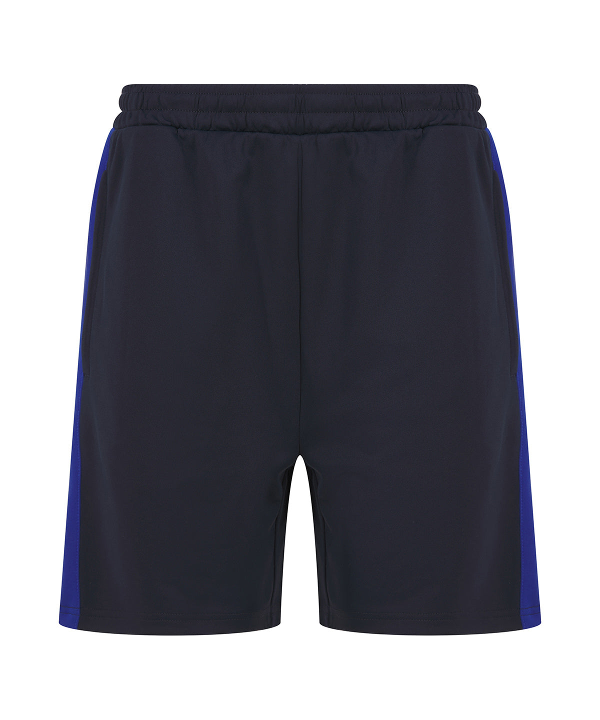 Navy shorts with blue accents on a white background