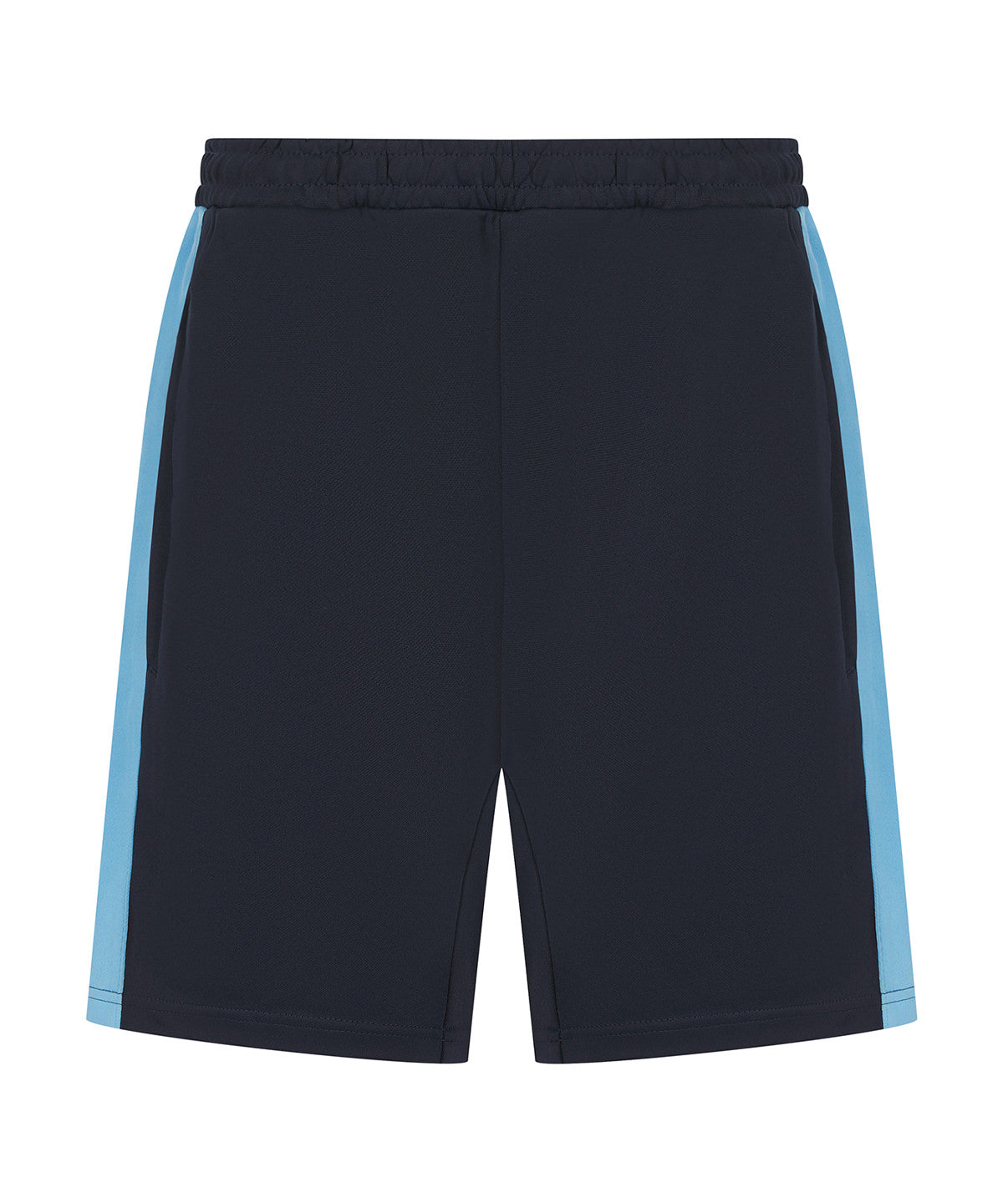 Black shorts with blue side panels on a white background