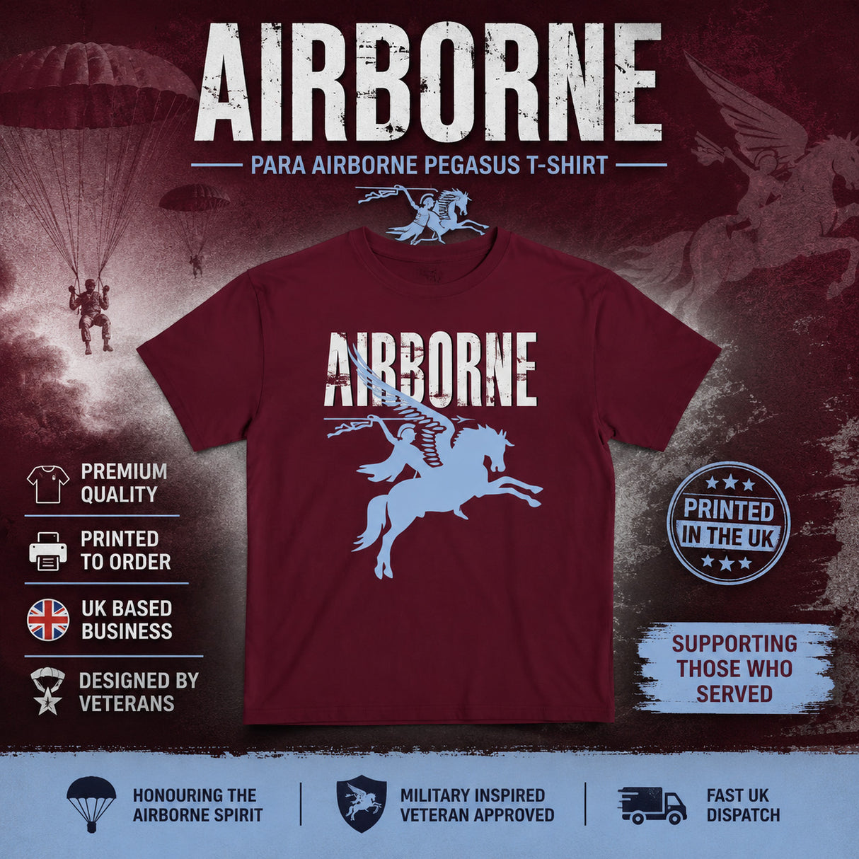 A maroon short-sleeve t-shirt with a light blue graphic of a winged horse and the word 'AIRBORNE' on the front, presented on a dark military-themed background with promotional text and badges.