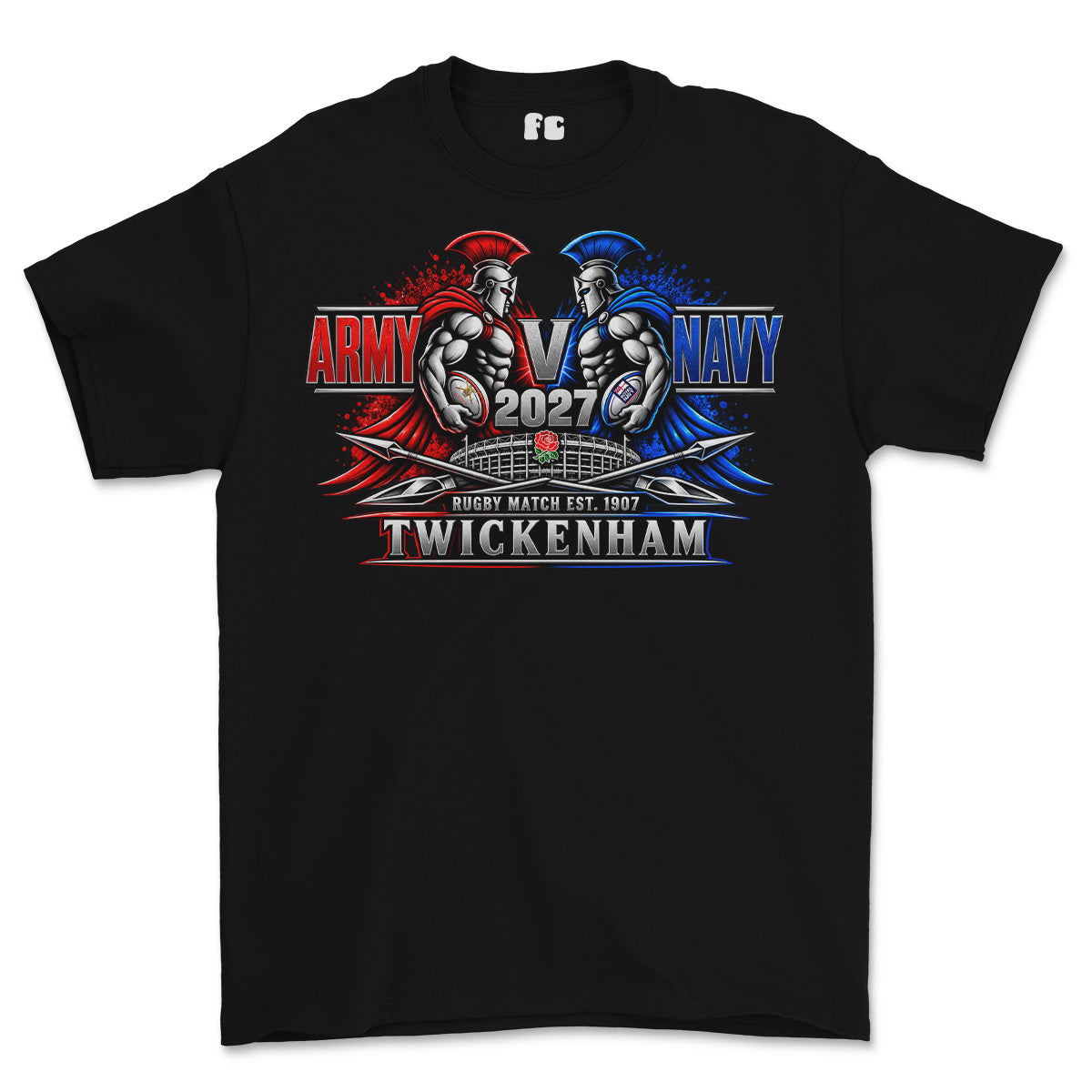 A black short-sleeve t-shirt with a large graphic print on the front depicting a 'Army vs Navy 2027' match-up with Spartan figures, a banner reading 'Twickenham', and a small 'fg' logo printed inside the collar.