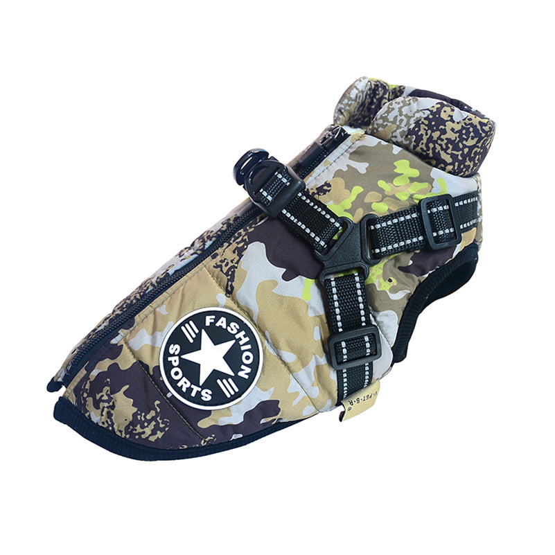 Camouflage dog harness with 'Fashion Sports' logo on a white background