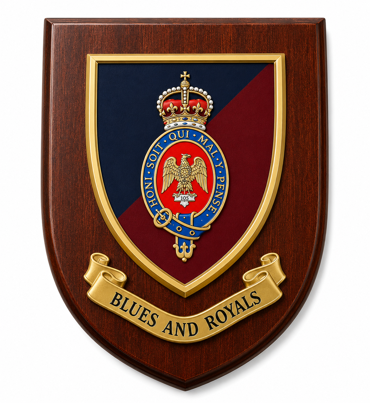 A wooden shield plaque featuring the Blues and Royals emblem. The plaque has a dark reddish-brown wood grain finish, a gold-trimmed crest with a crown and double-headed eagle, and a gold scroll at the bottom reading 'BLUES AND ROYALS'.