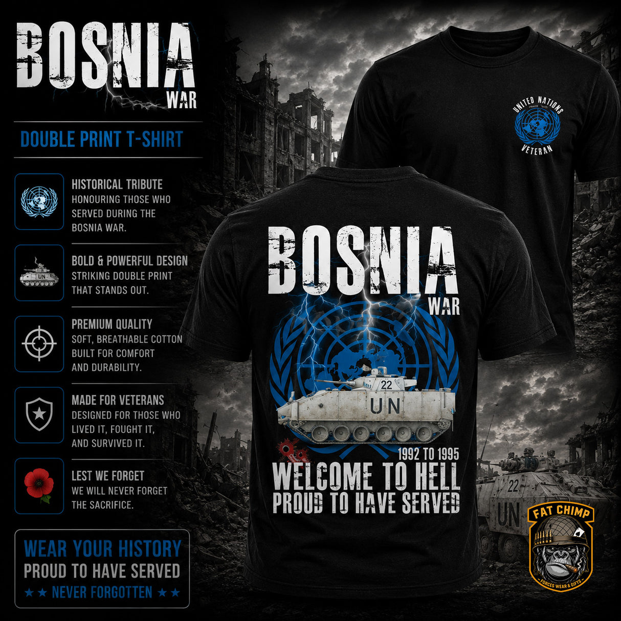 Bosnia War Warrior UN Veteran Double Print T-Shirt