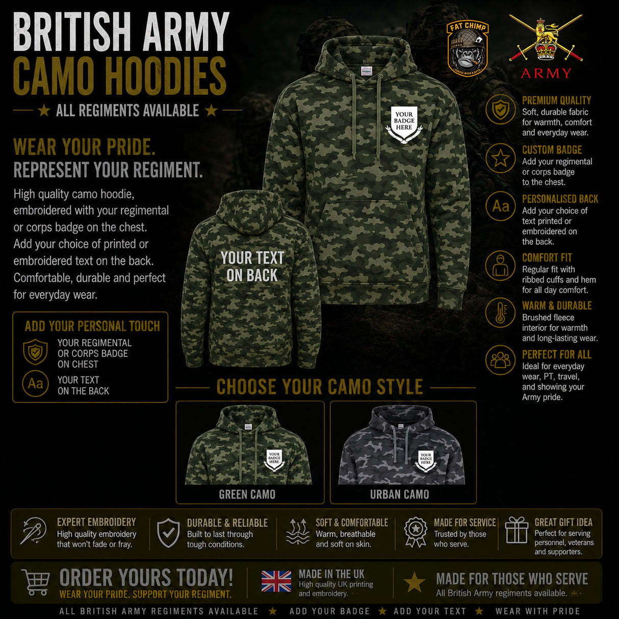 British Army Units Full Camo Hoodie - Choose Your Logo