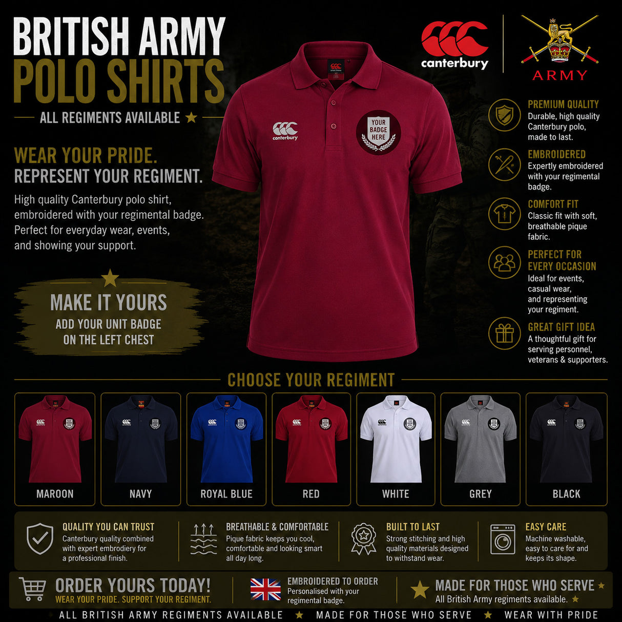 British Army Units Canterbury Pique Polo Shirt