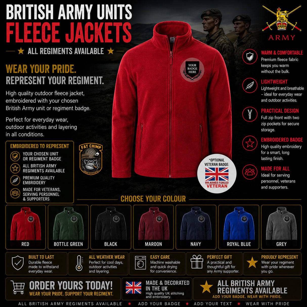 British Army Regiments Outdoor Fleece Jacket - Choose your Logo