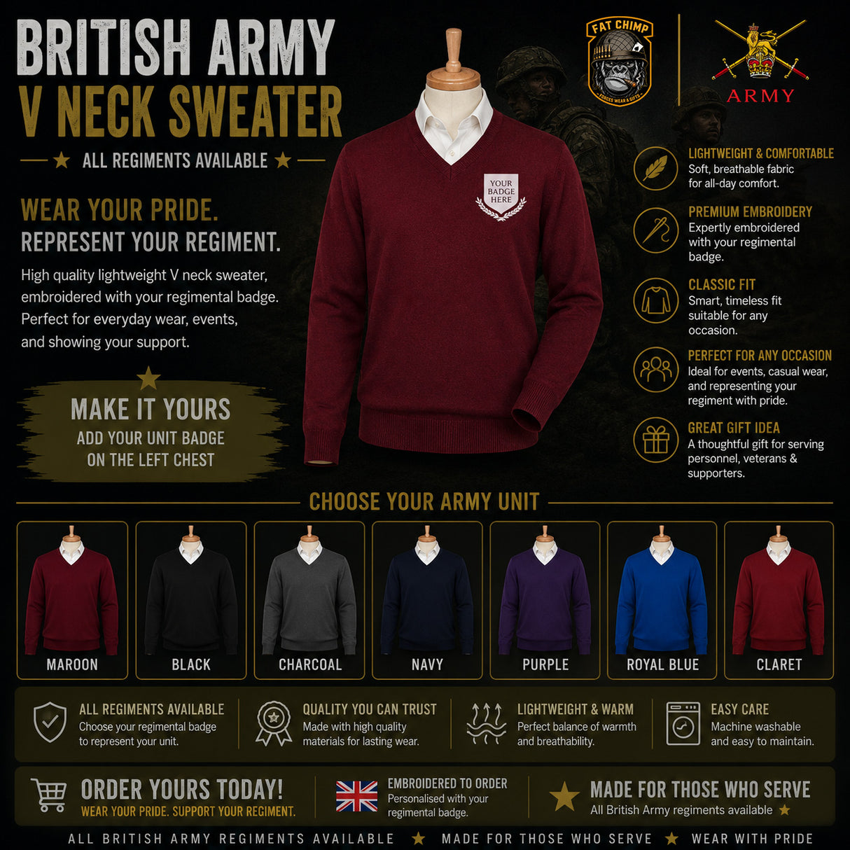 British Army UNITS Regimental Lightweight V Neck Sweater