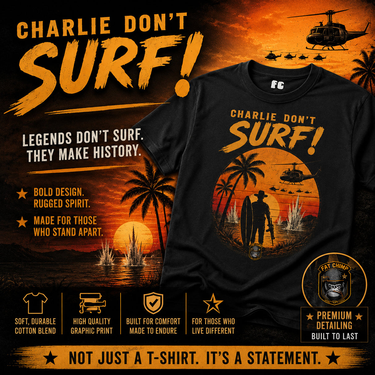 Charlie Don't Surf Vietnam era retro Printed T-Shirt