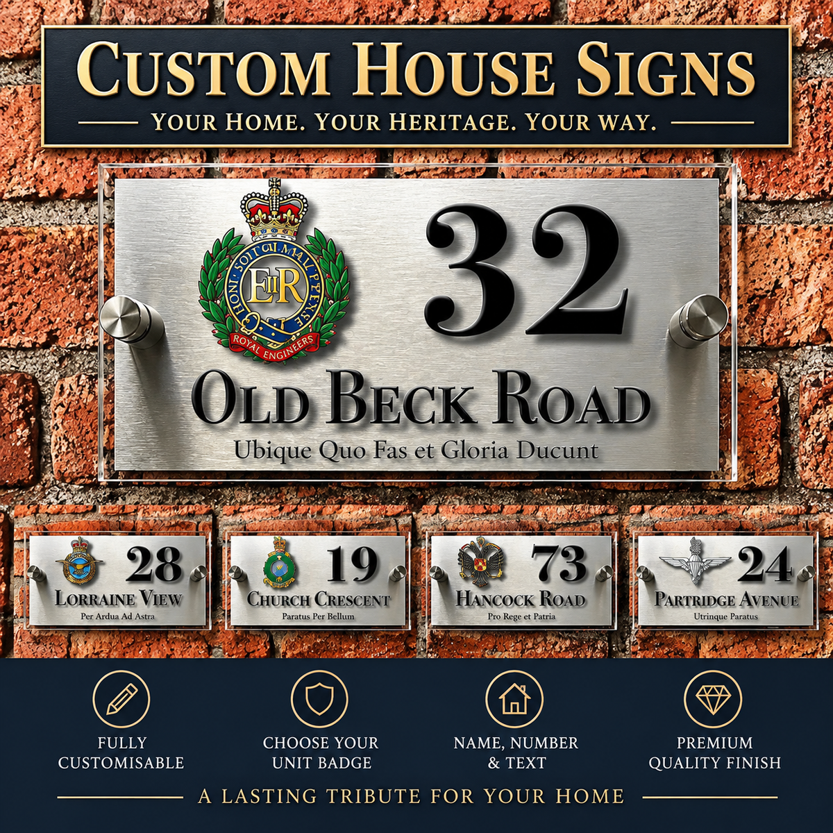 Custom house sign plaque set displayed on a brick wall background, featuring a large silver metal sign for '32 Old Beck Road' with a crest emblem, plus four smaller sample signs below showing different addresses and text options. The top banner reads 'Custom House Signs' and the bottom section includes feature callouts.