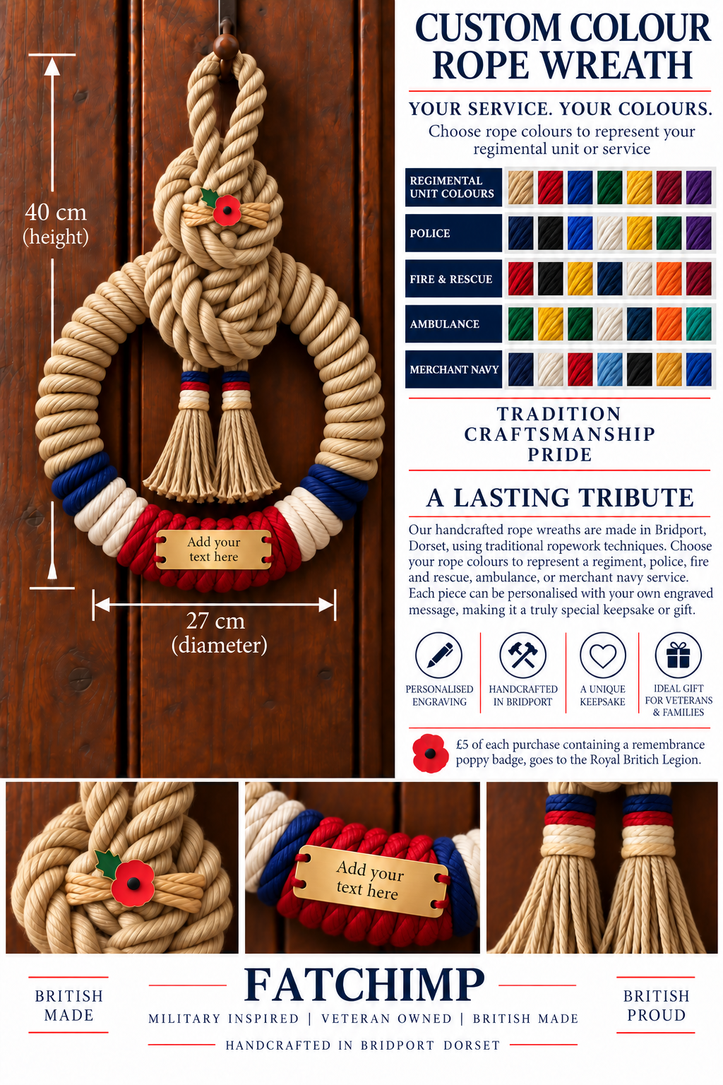 Custom Military or Blue Light Handcrafted Commemorative Rope Wreath - Made in Dorset