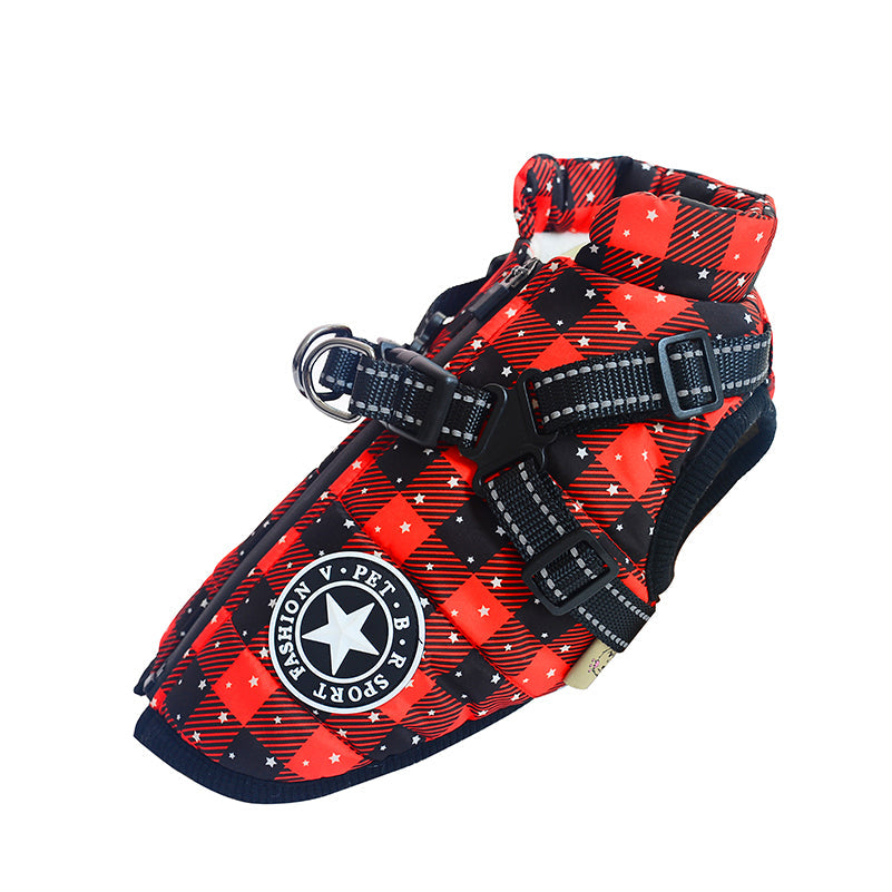 Red and black checkered dog harness with a visible brand logo on a white background
