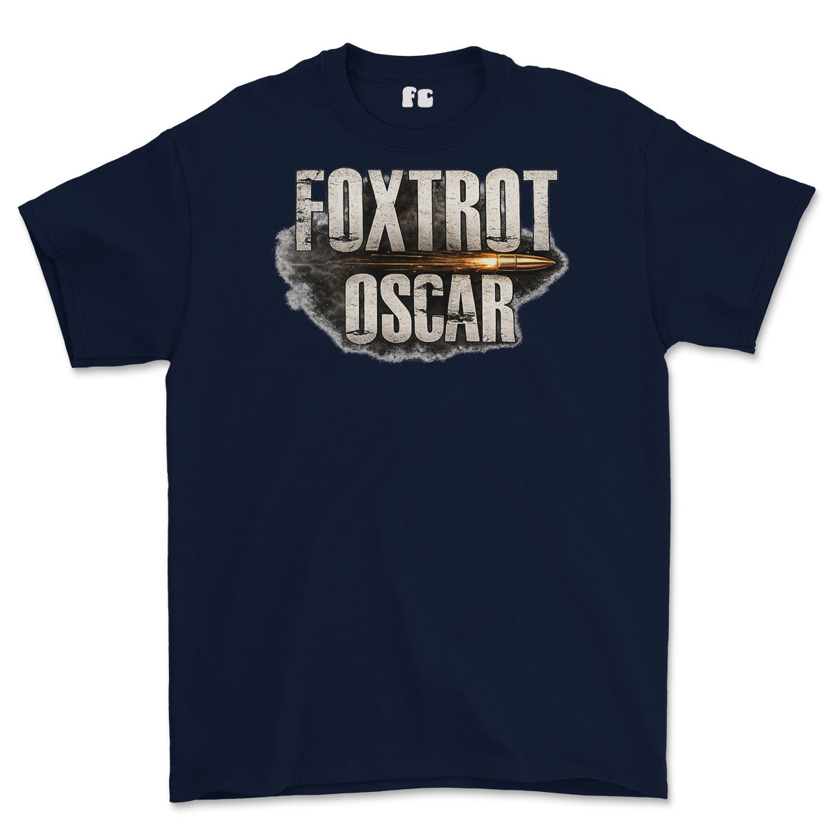 A navy blue short-sleeve t-shirt with a graphic on the chest reading 'FOXTROT OSCAR' in distressed white letters over a bullet graphic, shown on a plain white background.