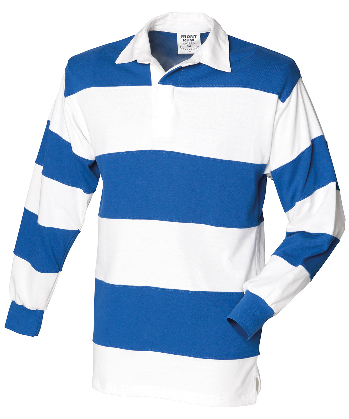Blue and white striped rugby shirt on a white background