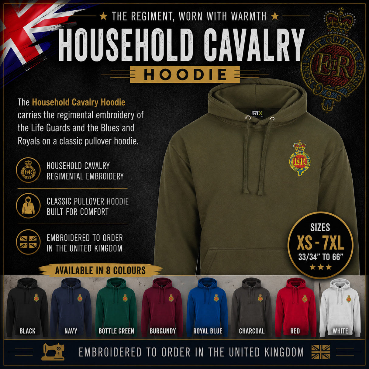 An olive green pullover hoodie with Household Cavalry regimental embroidery, displayed on a dark promotional background with text, size info, and a row of other available colors at the bottom.