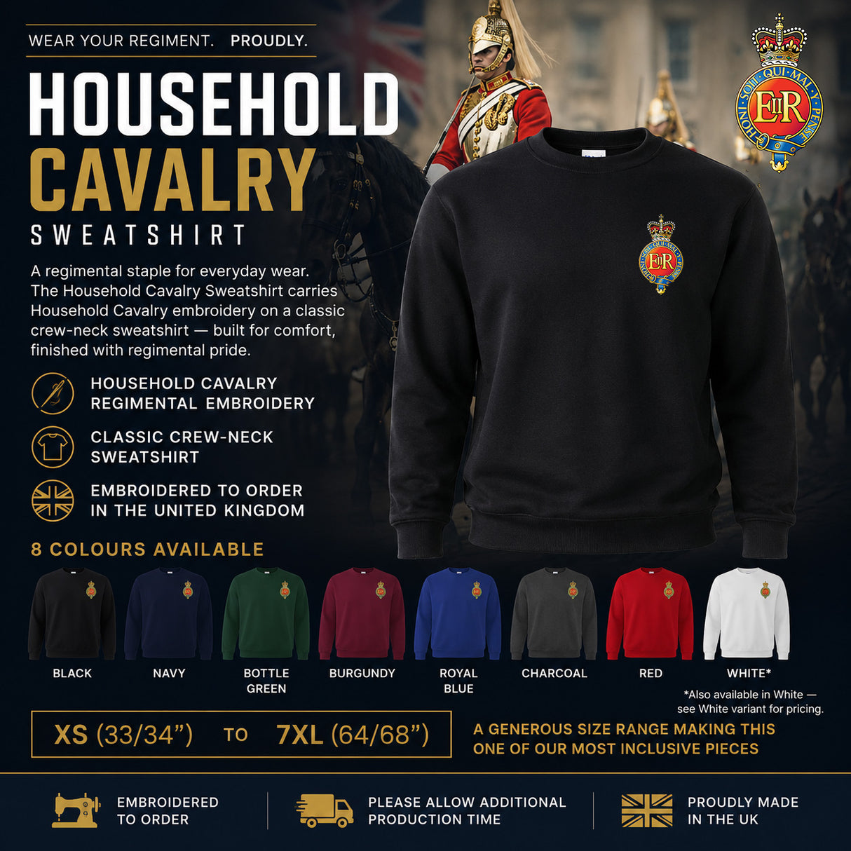 A promotional product graphic for a Household Cavalry sweatshirt. The main item shown is a black crew-neck sweatshirt with a gold and red embroidered crest on the left chest.