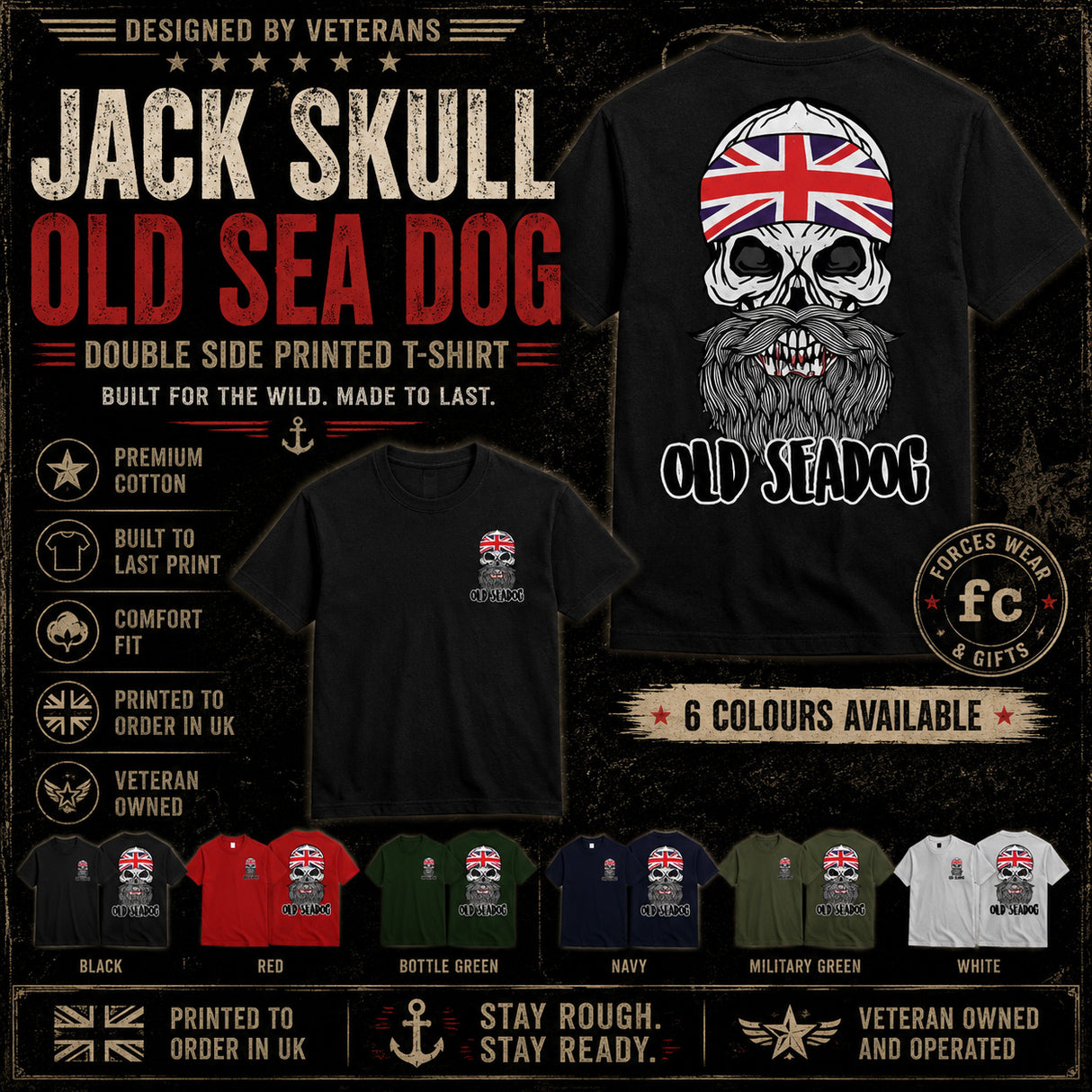 A promotional graphic for a Jack Skull Old Sea Dog double-sided printed t-shirt. The main product shown is a black t-shirt with a large graphic of a skull wearing a Union Jack headscarf and a grey beard, with 'OLD SEA DOG' printed below.