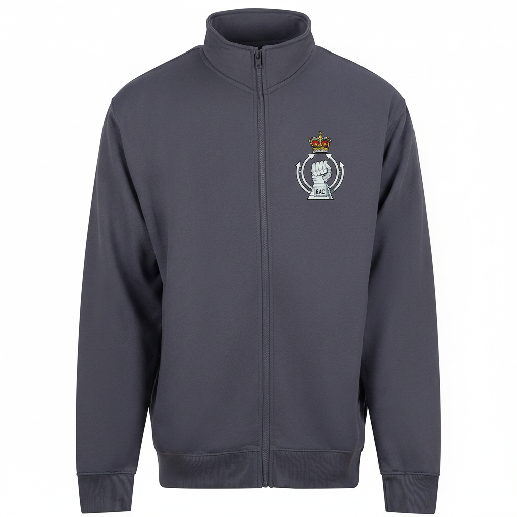 RAC badge on solid grey zipped jacket