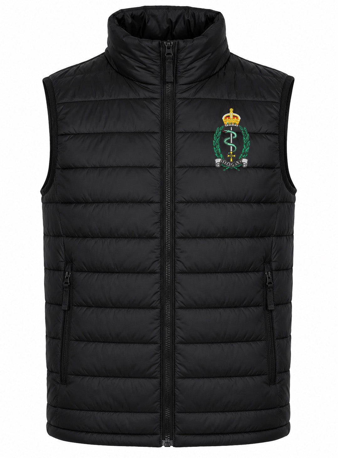 A black quilted zip-up puffer vest with a stand-up collar, featuring a green and gold Royal Army Medical Service crest embroidered on the left chest, displayed on a solid white background.