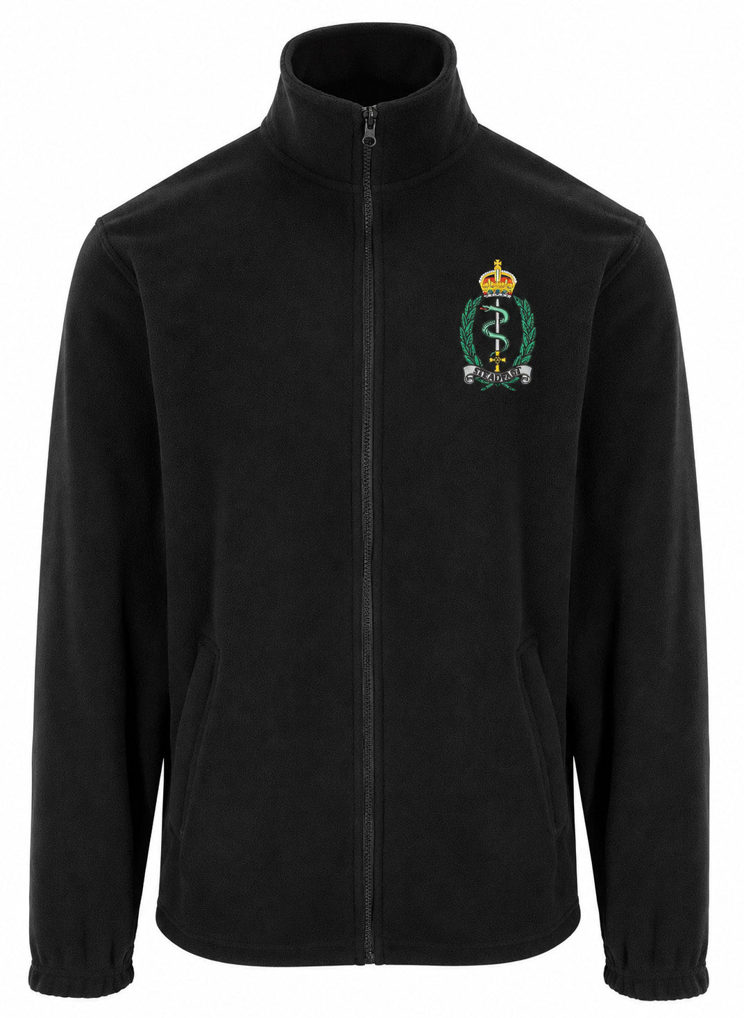 A black zip-up fleece jacket with a stand-up collar, featuring a green, gold, and white RAMS medical crest embroidered on the left chest, displayed on a solid white background.