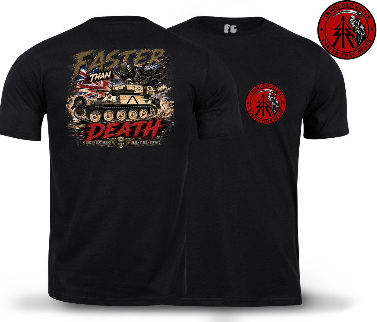 Black short-sleeve t-shirt shown from the back and side, featuring a large distressed graphic with a tank, the words 'Faster Than Death,' and a red circular logo on the upper right chest.