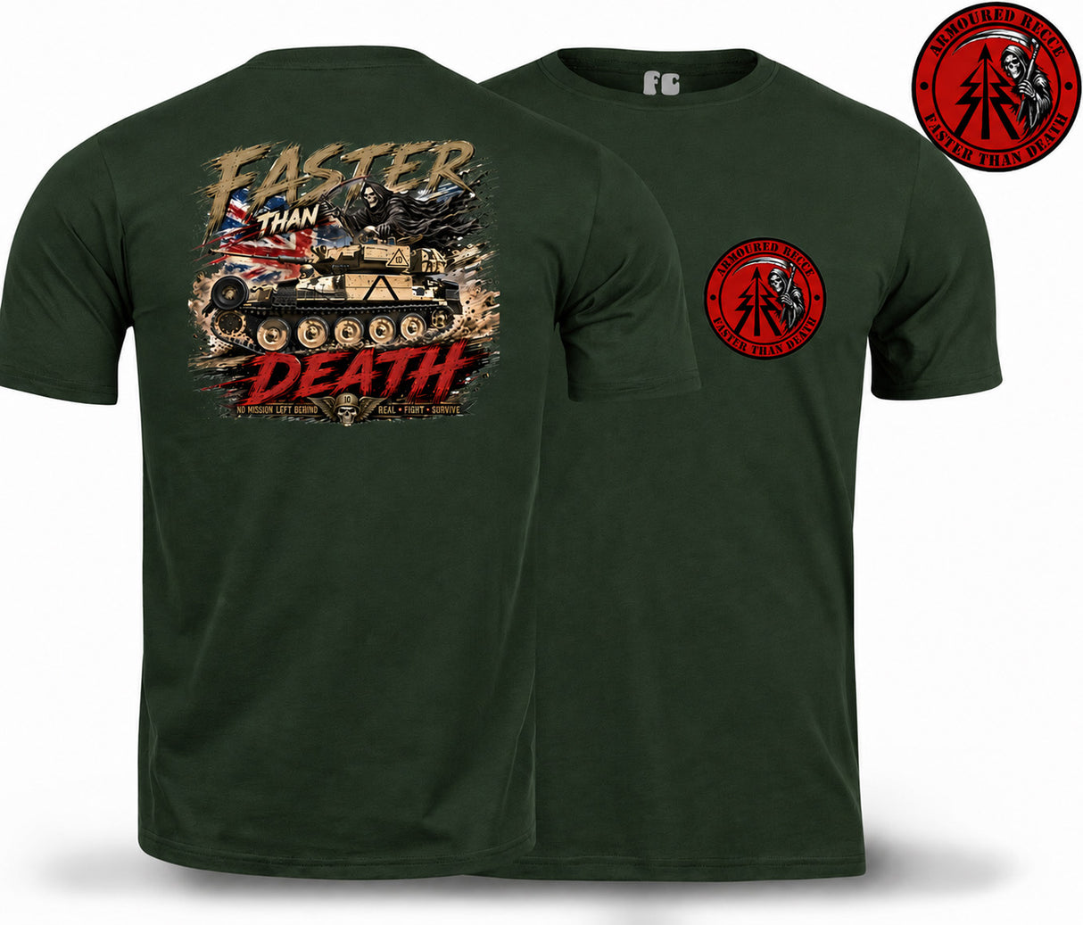 Dark green short-sleeve t-shirt shown from both front and back. The back features a large graphic print with a tank, the words 'FASTER THAN DEATH', and a distressed military-style design.