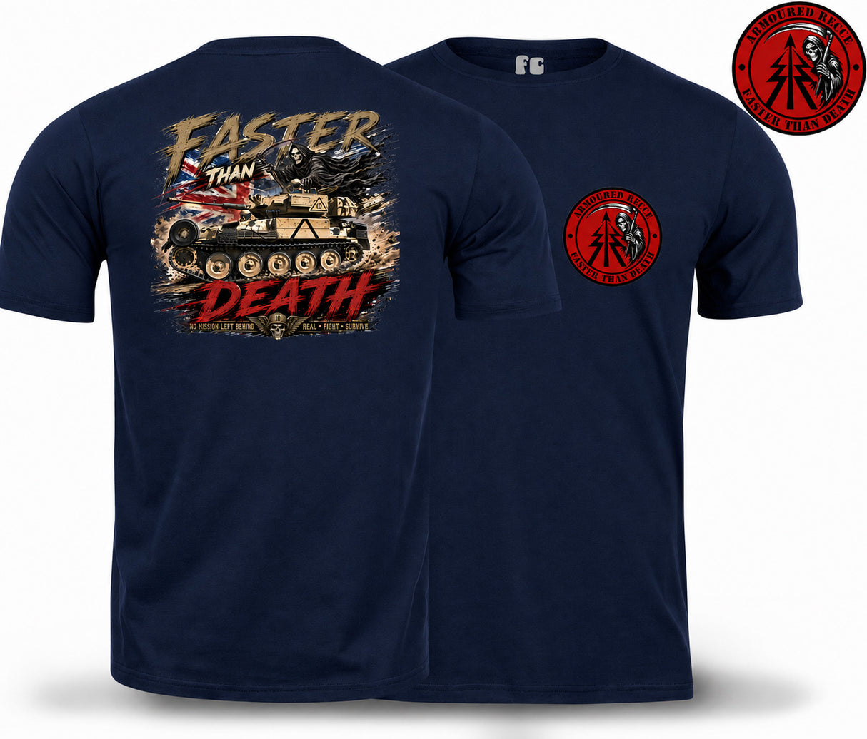 Navy blue short-sleeve t-shirt shown from the back and front. The back features a large graphic print of a tank with the text 'FASTER THAN DEATH' in distressed beige and red lettering.
