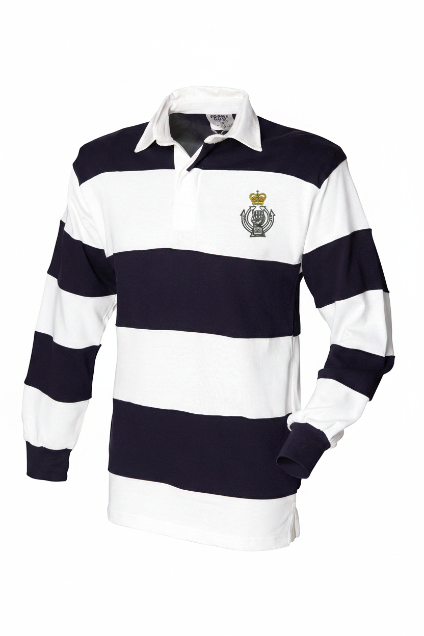 Royal Armoured Corps panelled rugby shirt in white and navy with embroidered badge