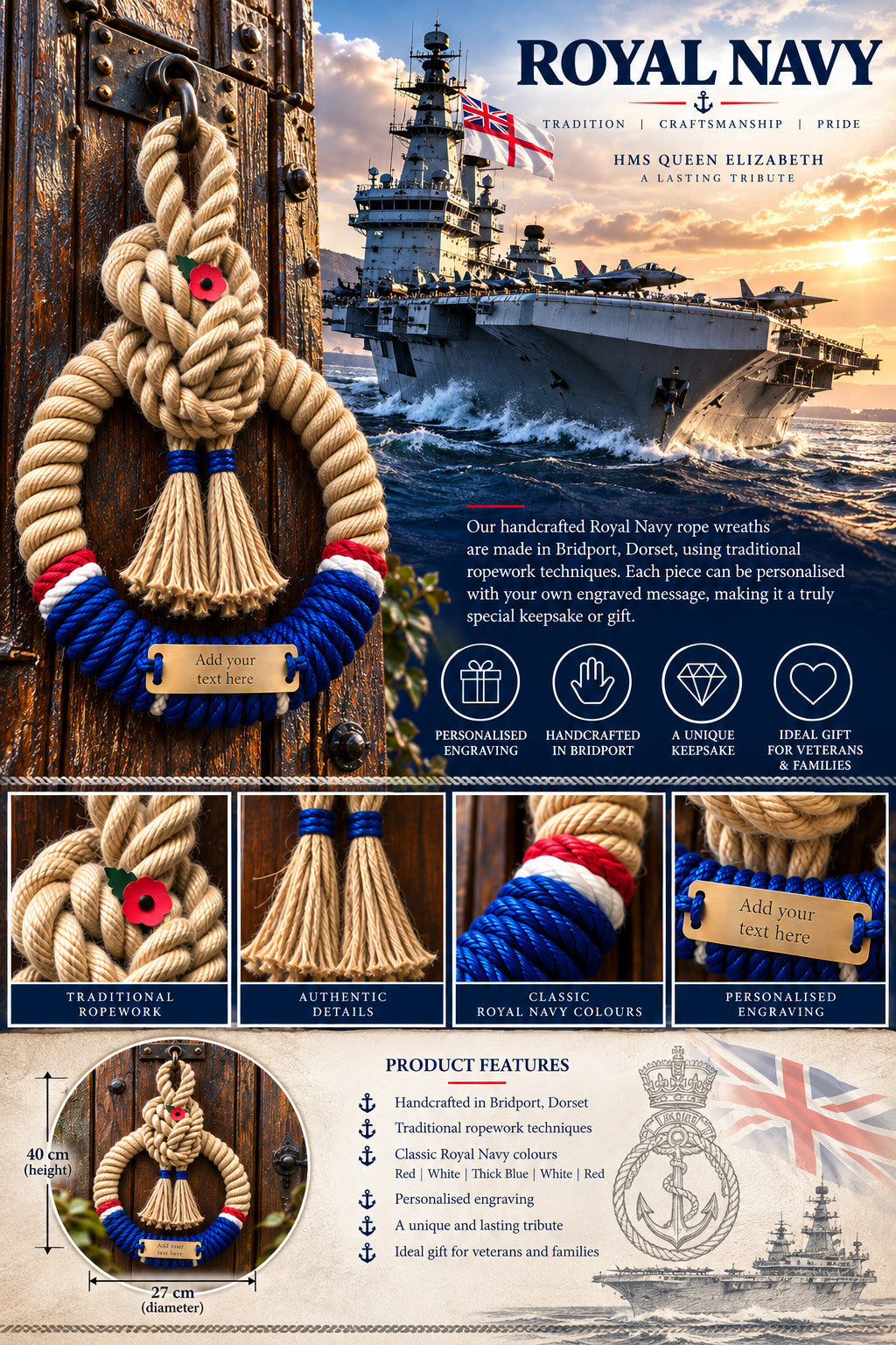 Royal Navy Handcrafted Commemorative Rope Wreath - Made in Dorset