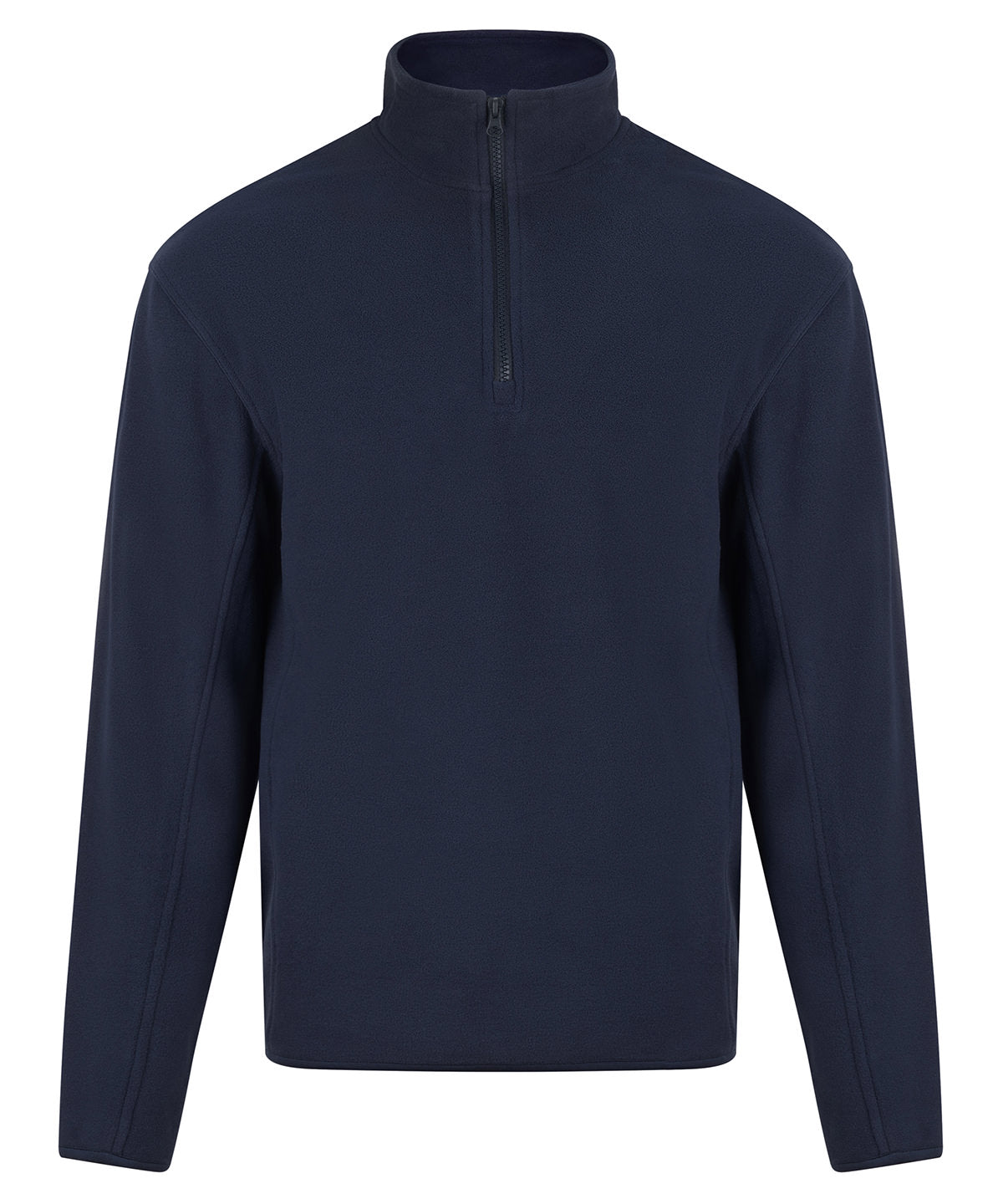 Navy blue long-sleeve pullover with a quarter zip on a white background