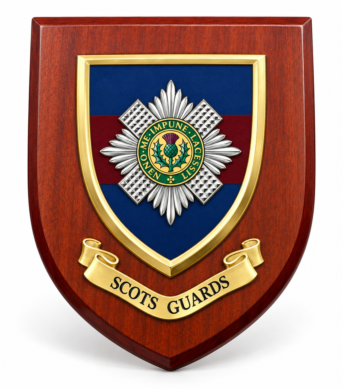 A wooden shield plaque featuring the Scots Guards emblem, with a polished reddish-brown wood finish, gold trim, a blue and red center panel, and a gold scroll reading 'SCOTS GUARDS'.