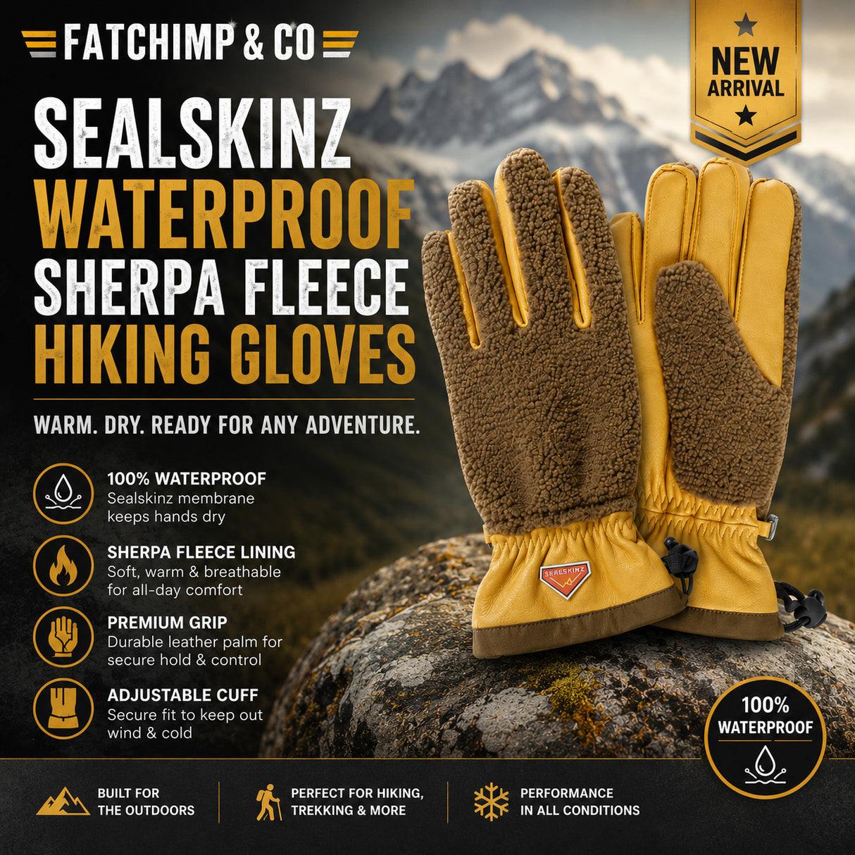 A pair of Fatchimp & Co Sealskinz Waterproof Sherpa Fleece Hiking Gloves displayed on a rock against a mountain backdrop. The gloves feature brown sherpa fleece lining and tan synthetic palms, with adjustable cuffs and a small red Fatchimp & Co logo on the wrist.