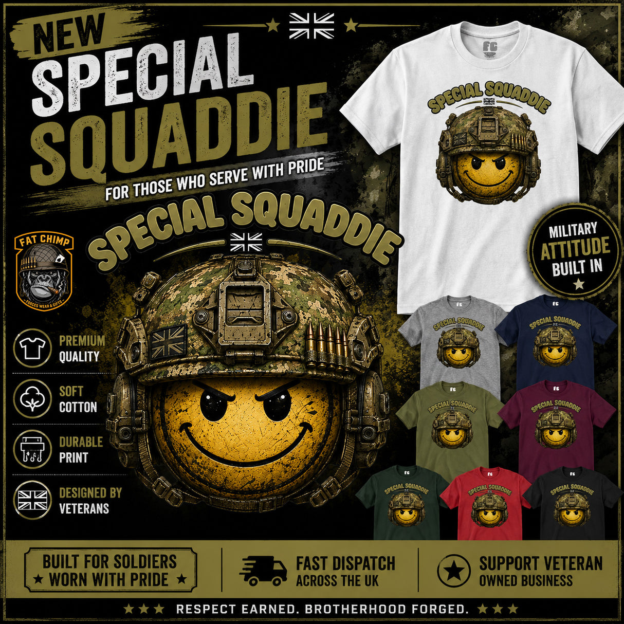 Promotional graphic for a 'Special Squaddie' t-shirt design, featuring a large central graphic of a smiling helmet with a yellow smiley face, alongside a white t-shirt displaying the graphic, smaller t-shirt color options, and military-themed text and badges.
