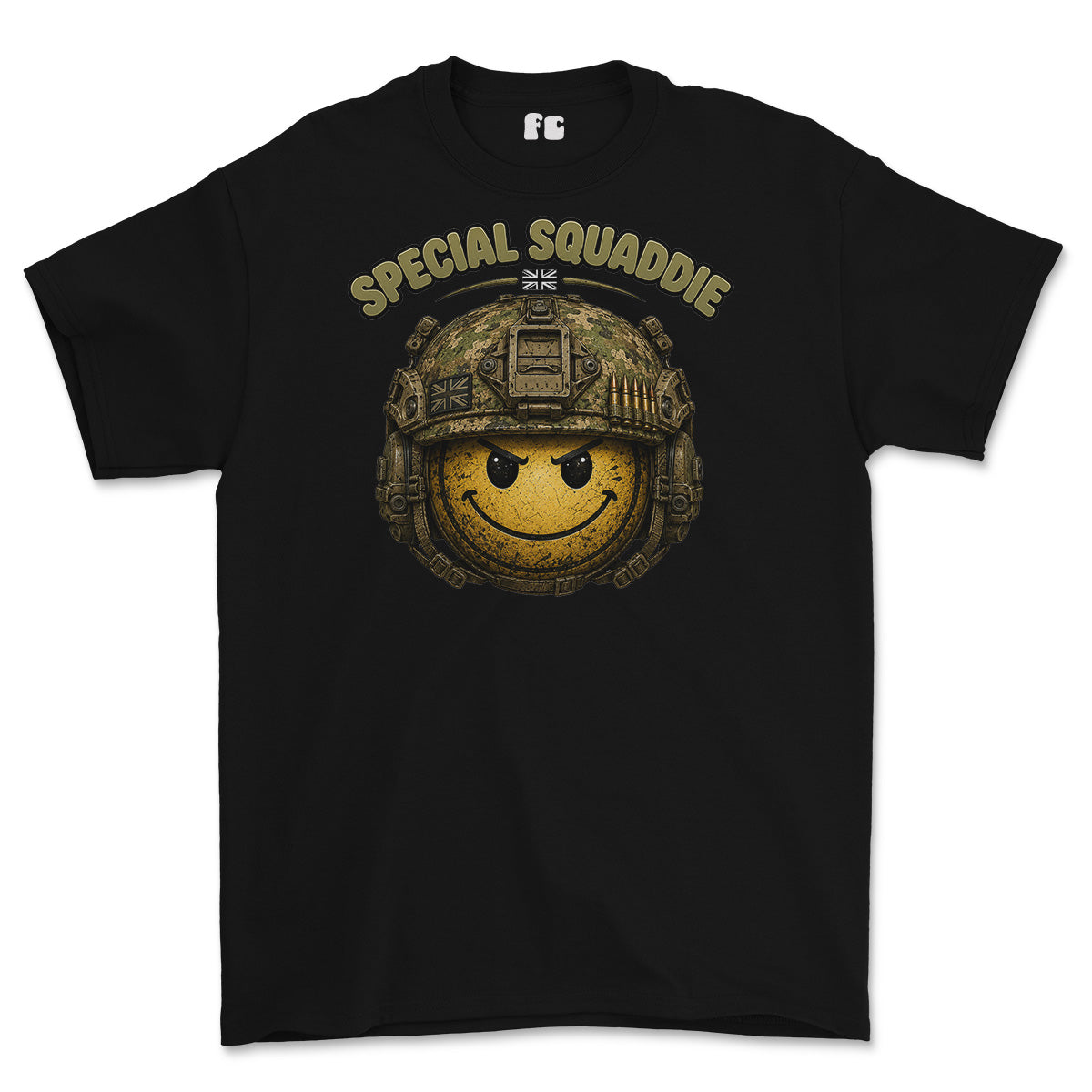 A black short-sleeve t-shirt with a graphic on the front showing a yellow smiley face inside a military helmet, with the words 'SPECIAL SQUADDIE' in tan above it. A small white 'fg' logo is visible inside the collar.