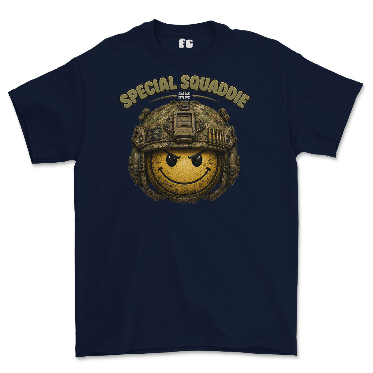 A navy blue short-sleeve t-shirt with a graphic on the chest featuring a yellow smiley face wearing a military helmet and the text 'SPECIAL SQUADDIE' in yellow-green.