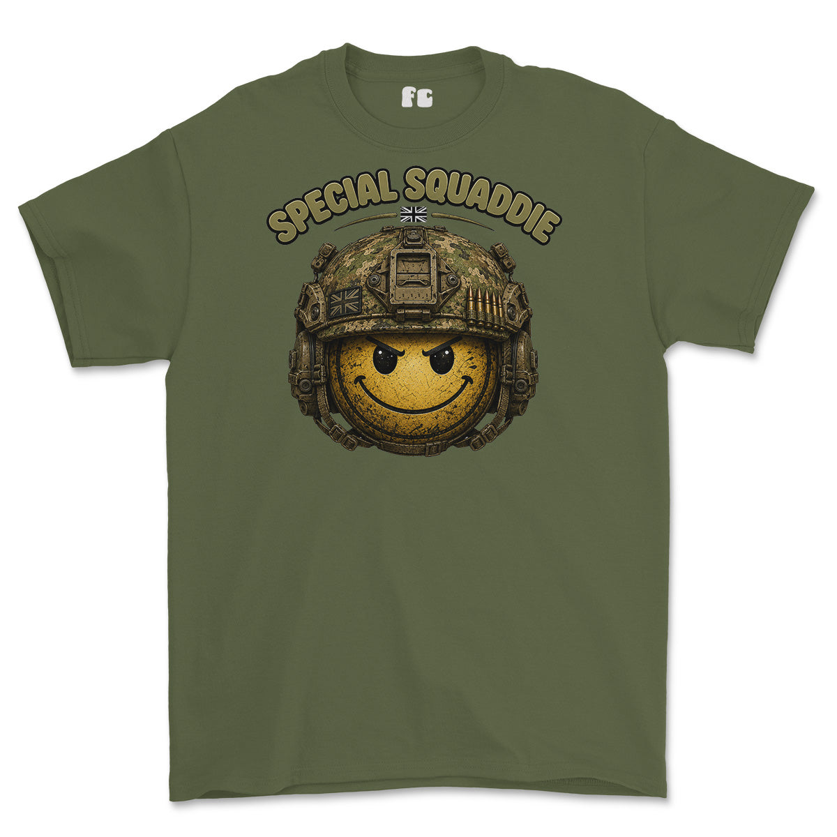 An olive green short-sleeve t-shirt with a graphic on the front showing a yellow smiley face wearing a camouflage military helmet, with the text 'SPECIAL SQUADDE' arched above it.
