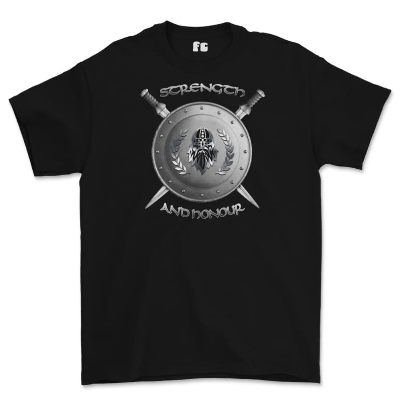Strength and Honour Viking Shield And Swords Printed T-Shirt