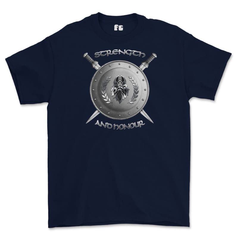 Strength and Honour Viking Shield And Swords Printed T-Shirt
