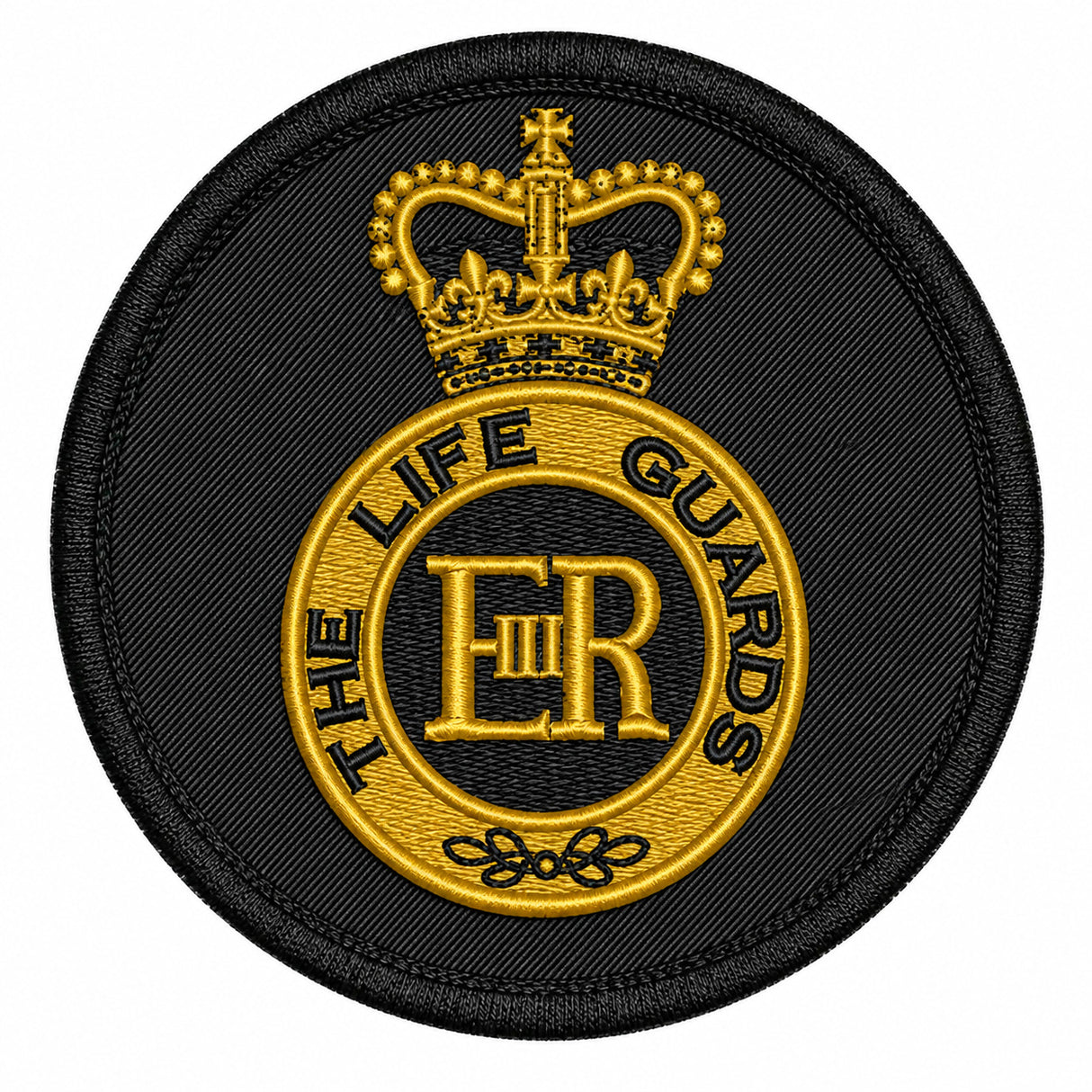 A circular embroidered patch featuring a black background with a gold crown and the text 'THE LIFE GUARDS' around a central 'ER' monogram.
