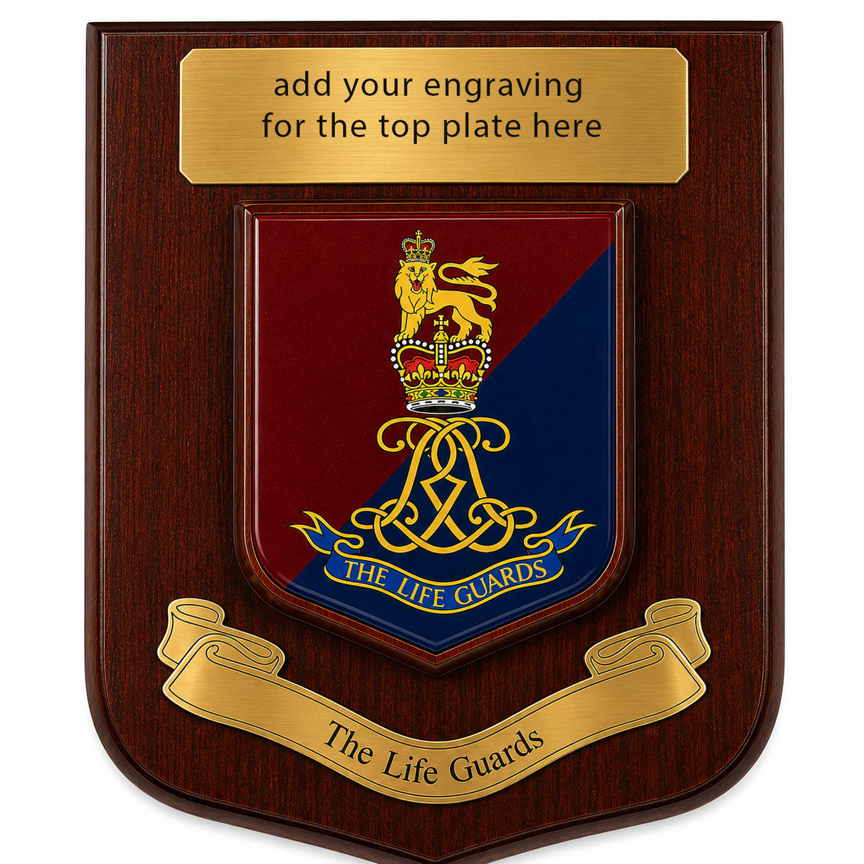 A custom wooden plaque featuring a Royal Life Guards crest with gold, red, and blue colors, a gold top plate with engraving text, and a gold scroll at the bottom reading 'The Life Guards'.