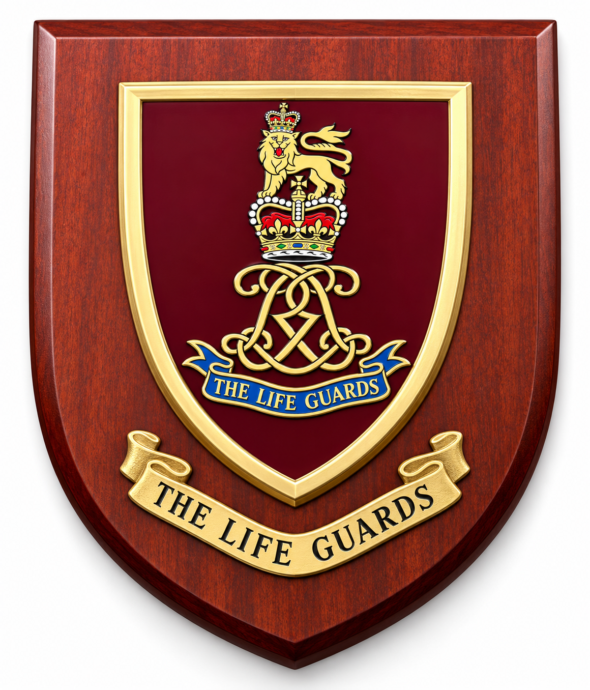 A wooden shield plaque featuring the Life Guards crest, with a polished reddish-brown wood grain background, gold trim, and a gold scroll reading 'THE LIFE GUARDS' on a white background.