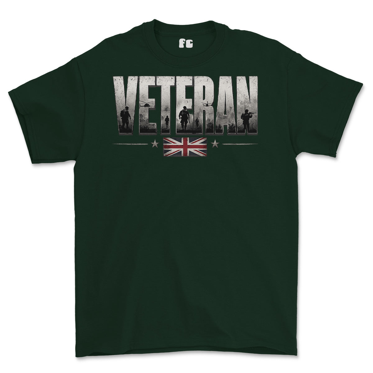 A dark green short-sleeve t-shirt with a graphic on the chest reading 'VETERAN' in distressed white letters, featuring soldier silhouettes and a Union Jack flag design below.