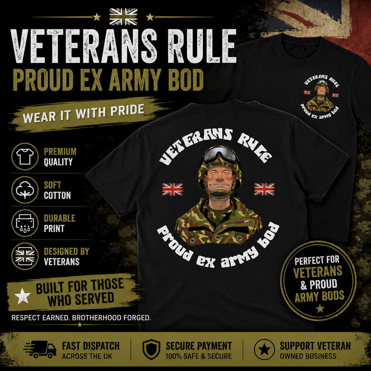 A black graphic T-shirt shown on a dark promotional background with text overlays. The shirt features a large front print reading 'VETERANS RULE PROUD EX ARMY BOO' around a portrait of a military man, with small Union Jack flags.
